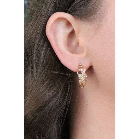 10k Yellow Gold Black Hills Gold Leaf Hoop Earrings 7/8" x 3/8" - Picture 3 of 10